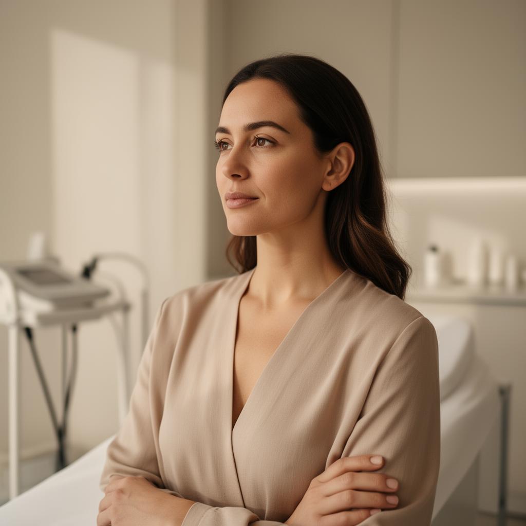 Calm, empowered woman in a clinical wellness setting