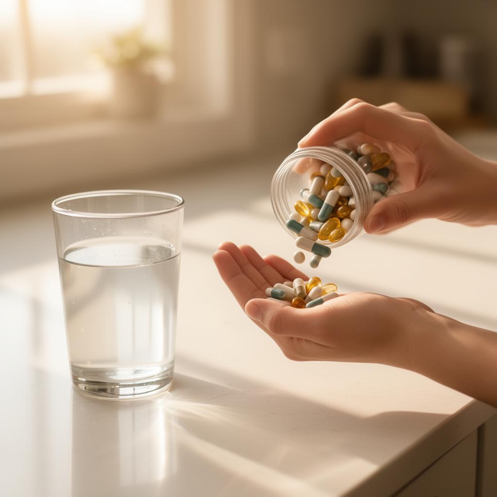 Hands pouring supplements into a palm next to a glass of water