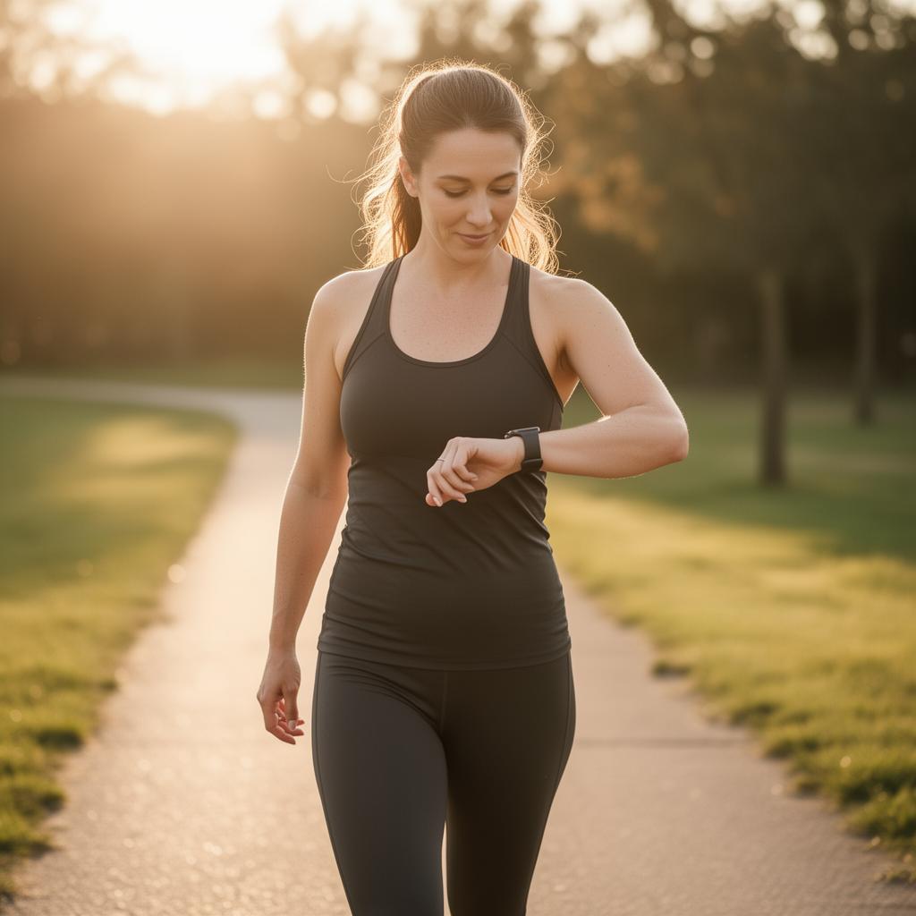 Woman walking outdoors checking her smartwatch at golden hour