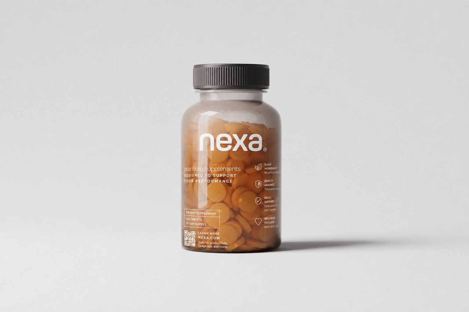 A bottle of Nexa premium supplement tablets